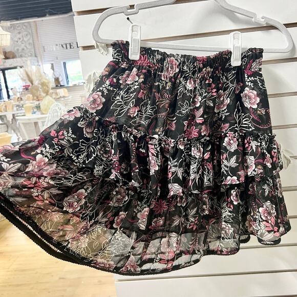 MISA Los Angeles Ceria Pull On Ruffle Tiered Mini Skirt Black Fuchsia Floral M - Picture 3 of 8